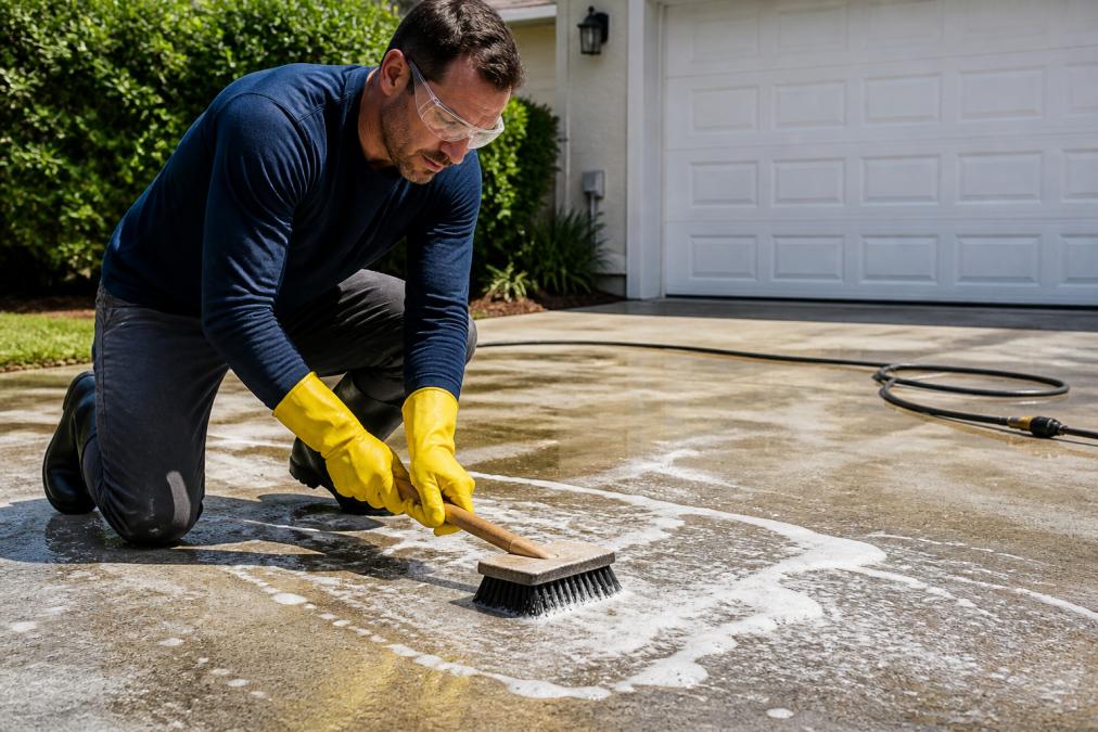 Person wearing bright yellow protective gloves and clear safety goggles scrubbing a concrete driveway with a stiff-bristled brush, soapy white foam visible on the gray surface in bright midday sunlight
