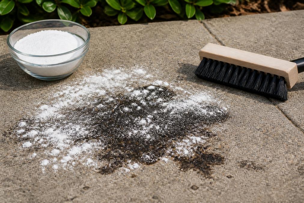 Close-up of a dark motor oil stain on a rough concrete driveway surface with white baking soda generously sprinkled over it and a stiff-bristled scrub brush resting on the concrete beside the stain, outdoor daylight lighting