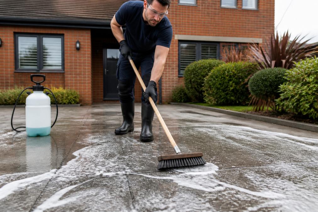 Person wearing safety goggles and chemical-resistant gloves scrubbing a concrete driveway with a long-handled stiff-bristled brush, soapy water visible on the grey surface, a red-brick residential property visible in the soft background