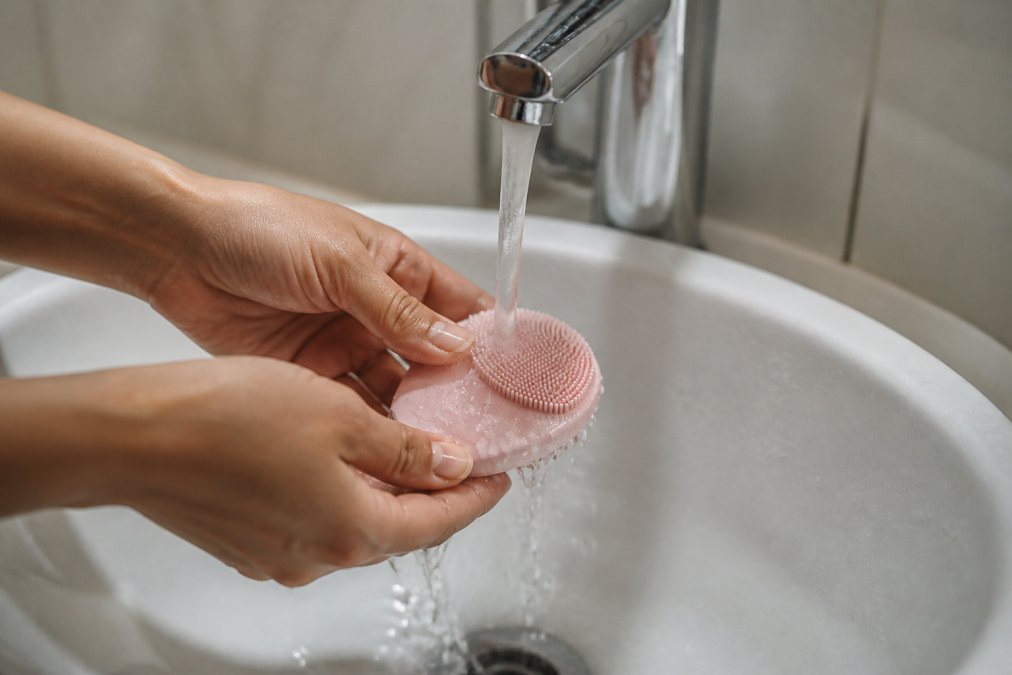 Hands rinsing a facial cleansing brush under a warm stream of water at a bathroom sink to remove soap residue.