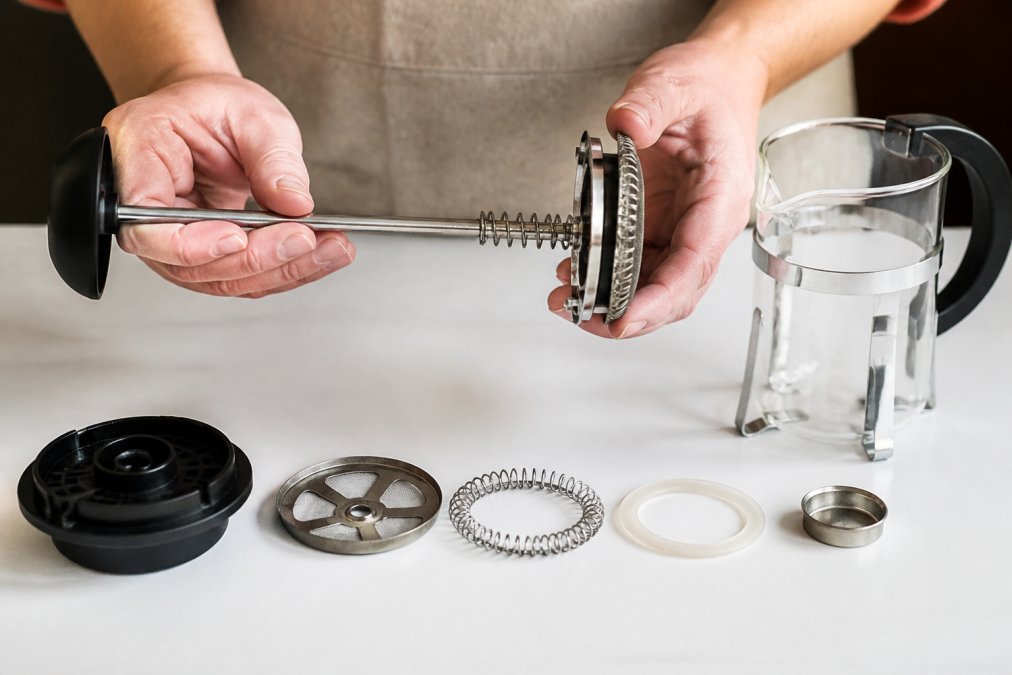 Close-up of hands carefully separating the plunger rod, spring, mesh filter, gasket, and collar components laid out in order on a clean white surface with natural lighting, showing each part labeled