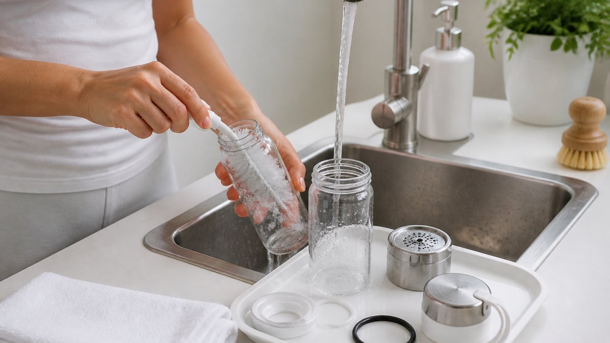 Professional cleaning a portable hydrogen water bottle with a soft brush under warm running water