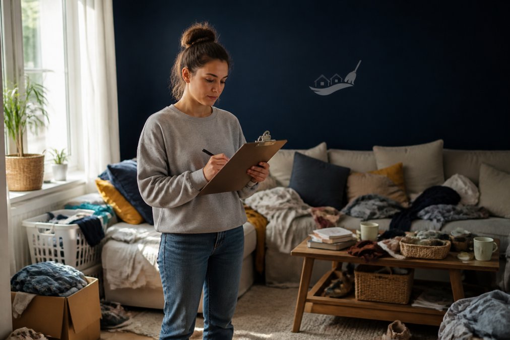 A person in casual clothes holding a clipboard with a cleaning checklist, standing in a cluttered but bright living room, looking focused and calm