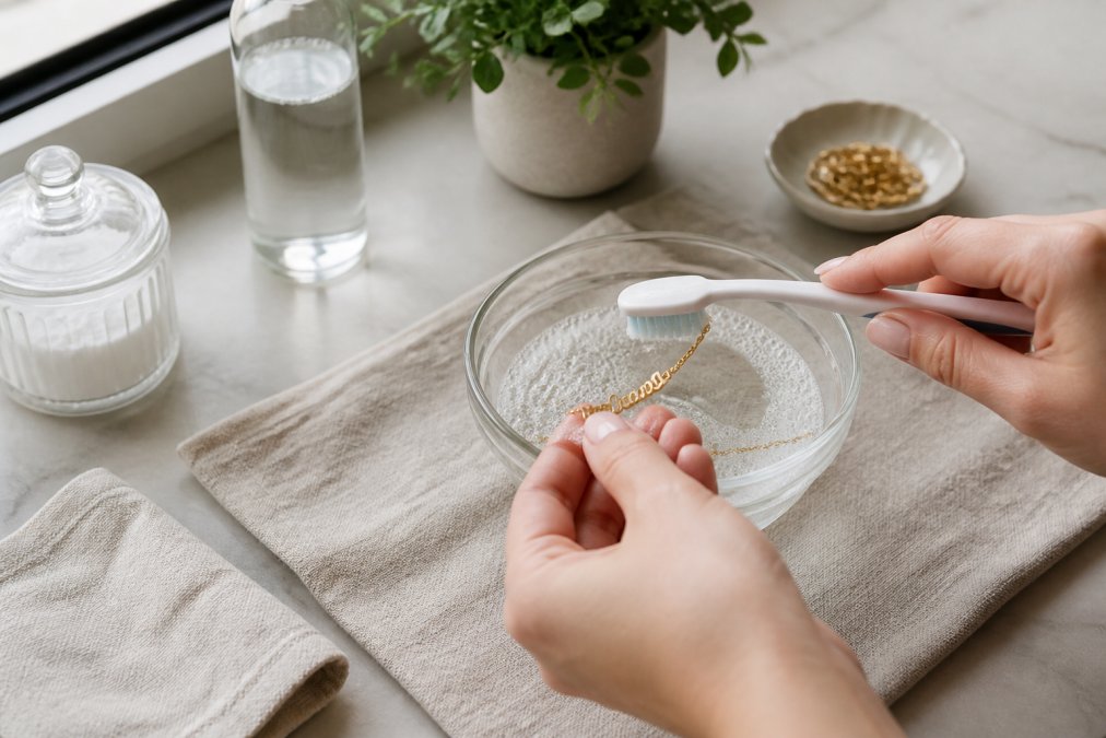 Close-up of hands gently cleaning a gold nameplate necklace in a small bowl of warm soapy water using a soft-bristled baby toothbrush, with soft natural window lighting