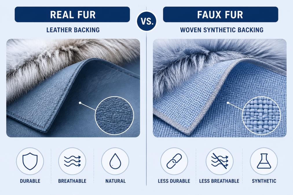 Side-by-side close-up of a real fur pelt's leather backing next to a faux fur blanket's woven synthetic backing, showing the structural difference