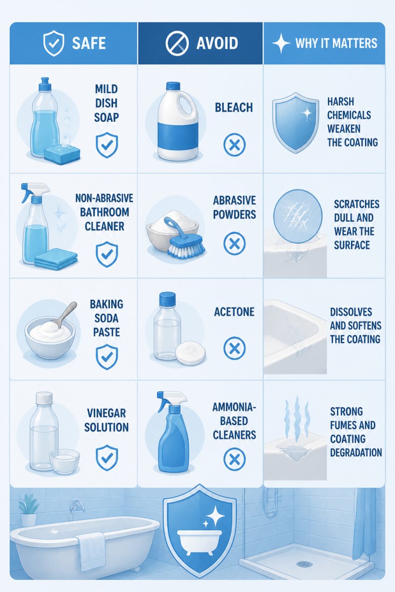 Comparison matrix of cleaning products for reglazed tubs: Safe column lists mild dish soap, non-abrasive bathroom cleaner, baking soda paste, vinegar solution; Avoid column lists bleach, abrasive powders, acetone, ammonia-based cleaners; third column explains why each damages or protects the coating