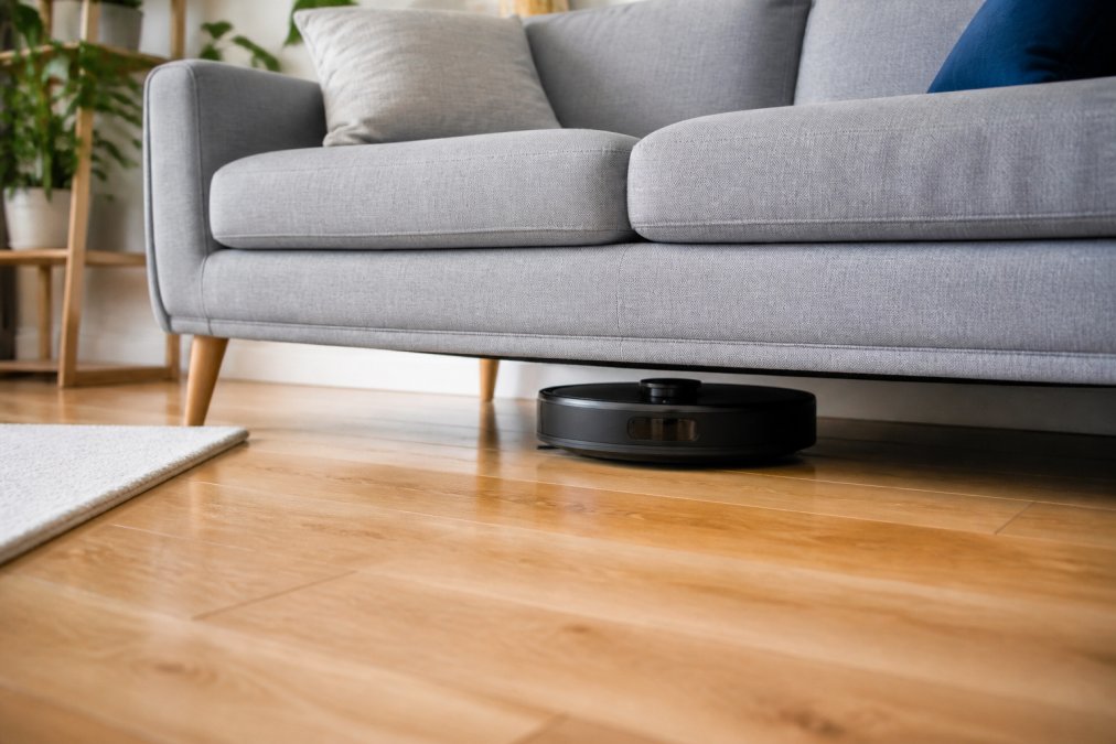 Slim robot vacuum cleaning under a sofa in a bright, clean small apartment with wood floors