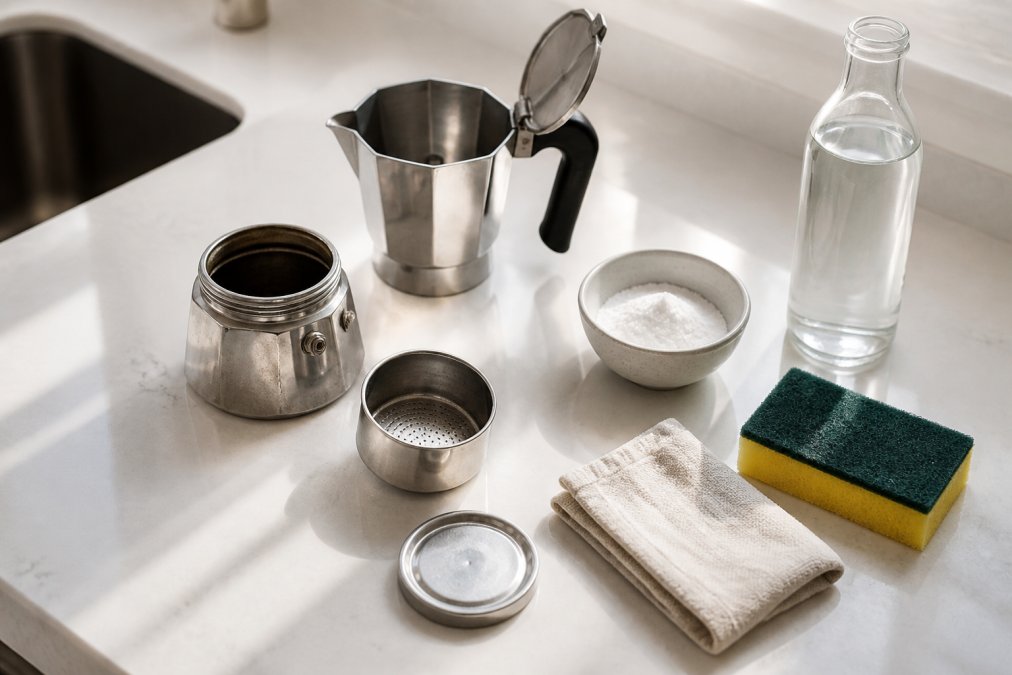 Professional illustration showing Flat for clean moka pot