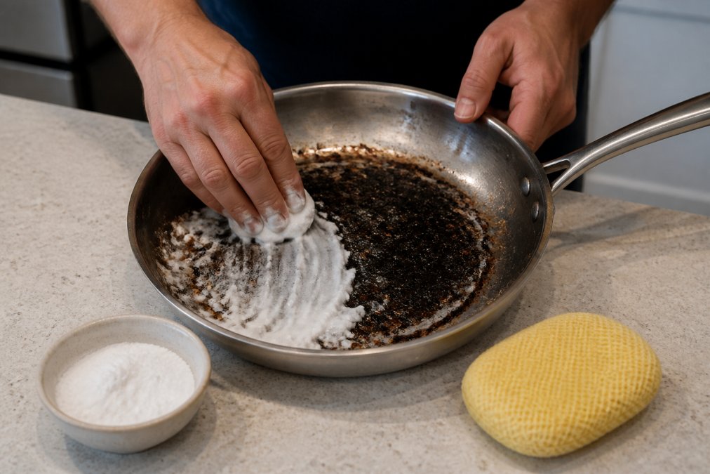 Close-up of hands applying a thick white baking soda paste to a scorched stainless steel pan on a light-colored kitchen counter, with a small ceramic bowl of baking soda and a yellow nylon scrubber resting beside the pan