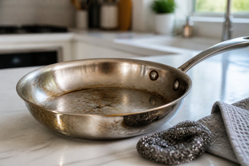 A gleaming stainless steel pan resting on a clean white kitchen counter beside a neatly folded gray microfiber cloth, bright natural light streaming from a window and reflecting off the polished surface