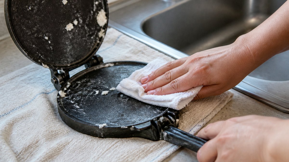 Hands wiping masa residue from a cast-iron tortilla press with a damp cloth near a kitchen sink