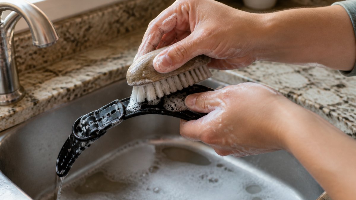 Close-up of hands scrubbing a waterproof dog collar with a soft brush and soapy water in a kitchen sink, white suds and water droplets visible on the collar, natural window light
