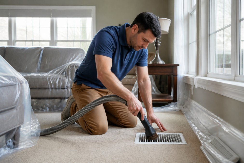 A homeowner in casual clothes using a vacuum hose with a brush attachment to clean a floor register in a bright living room, with plastic drop cloths covering nearby furniture