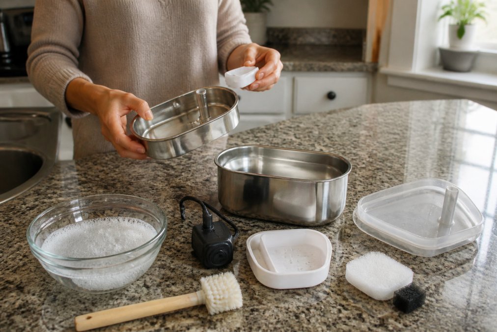 A person's hands disassembling a stainless steel pet water fountain on a kitchen counter, with a soft-bristled brush and bowl of soapy water nearby, natural light from a window