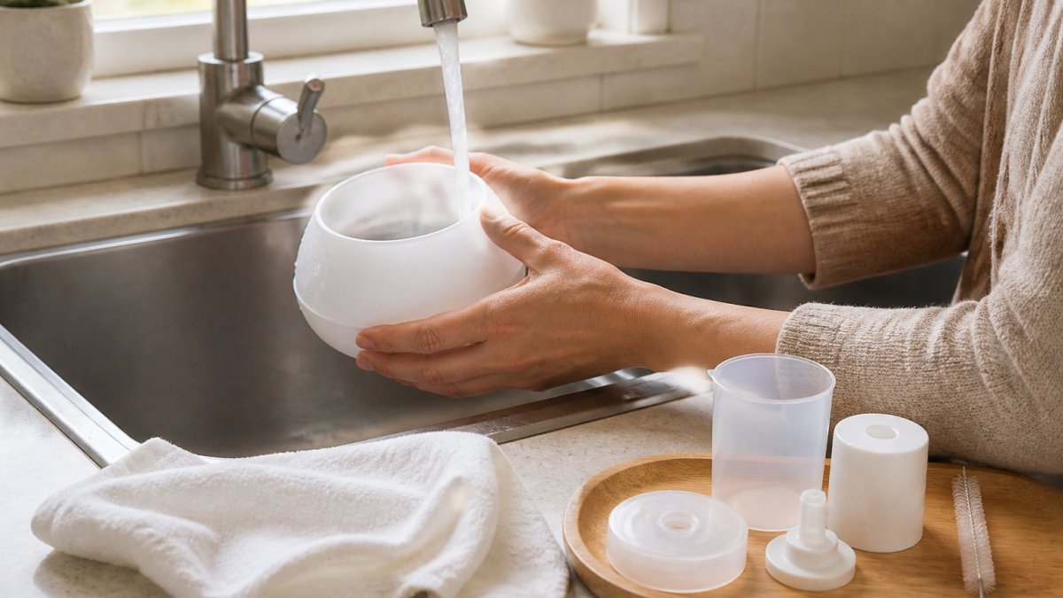 Hands holding a small ultrasonic diffuser over a sink with water running from the faucet, a soft white cloth draped nearby on the counter, natural window lighting illuminating the cleaning workspace