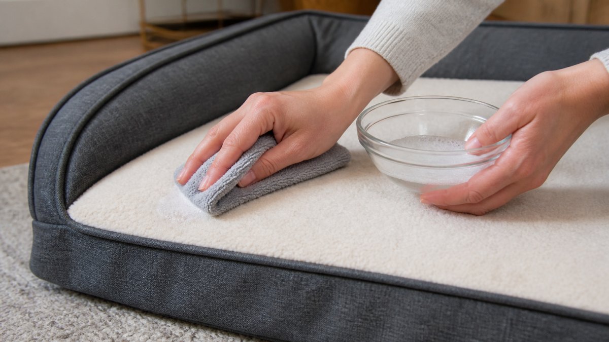 Step-by-step diagram showing how to spot-clean a memory foam dog bed using a cloth and mild soapy water