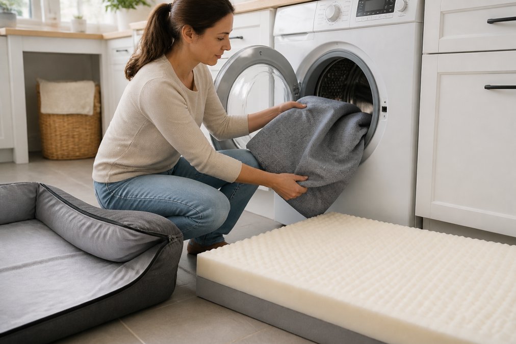 A person unzipping a removable orthopedic dog bed cover and placing it into a front-loading washing machine in a bright laundry room, with the memory foam insert resting nearby