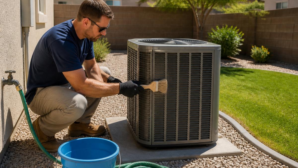 A homeowner in work clothes using a soft-bristle brush to gently clean the fins of an outdoor AC condenser unit in a sunny backyard, with a garden hose and bucket nearby