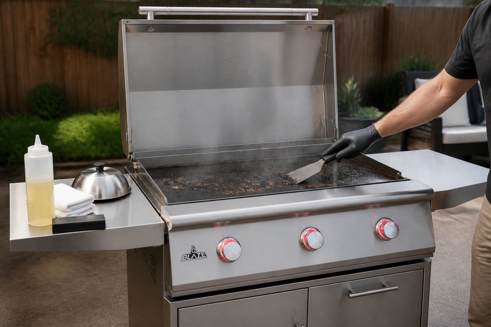 Scraping food residue from an outdoor griddle cooking surface