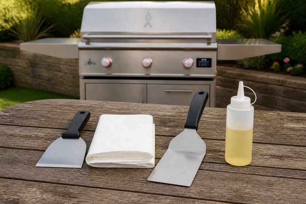 Outdoor griddle cleaning tools: scraper, spatula, towels, and oil