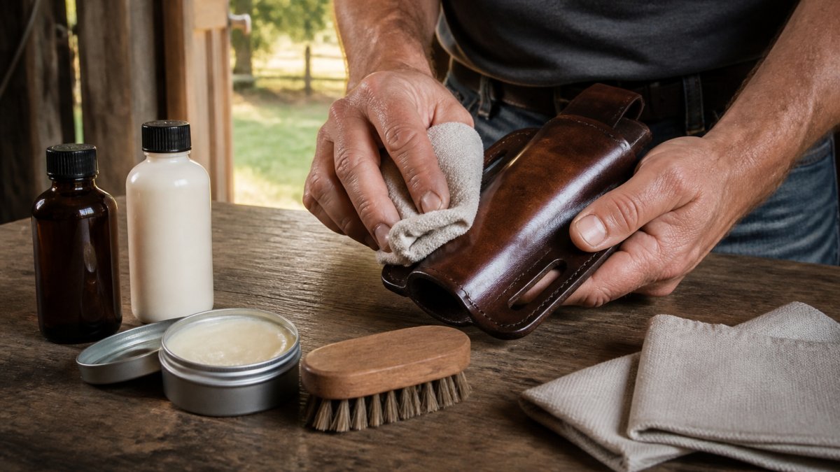 Leather holster care supplies arranged on a work surface including soft cloths, saddle soap, conditioner bottles, and soft-bristled brush