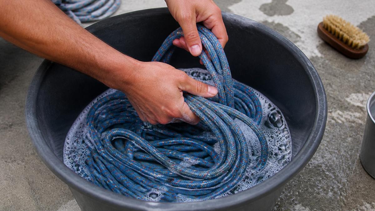 Step-by-step diagram showing hands gently washing a coiled climbing rope in a bucket of soapy water.