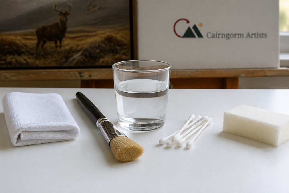 Close-up of proper cleaning supplies laid out on a white surface: soft-bristled brush, lint-free cloth, distilled water in a glass, Q-tips, and latex-free sponge arranged neatly