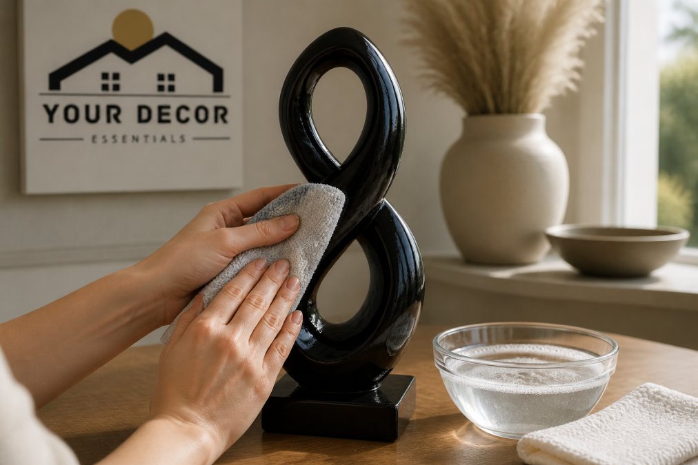 Hands gently wiping a resin sculpture with a soft microfiber cloth and warm soapy water, showing proper cleaning technique in natural light