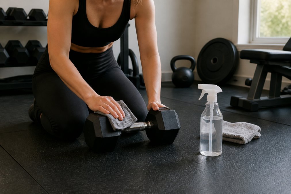 A person kneeling on a home gym floor wiping down a black rubber coated dumbbell with a damp microfiber cloth, a spray bottle of cleaning solution resting nearby, natural daylight from a window
