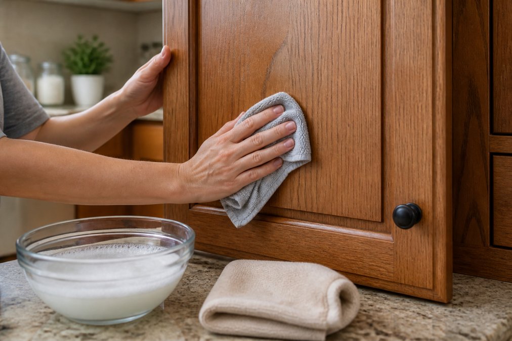 Close-up of hands using a microfiber cloth to wipe down a natural wood cabinet door, with a bowl of warm soapy water and a dry cloth nearby on the kitchen counter