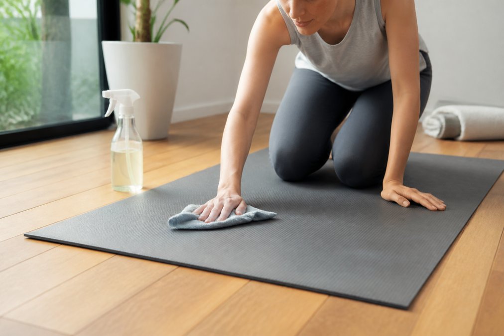 A person kneeling on a wooden floor, gently wiping a gray yoga mat with a microfiber cloth and a spray bottle of natural cleaner beside them, soft natural light from a window