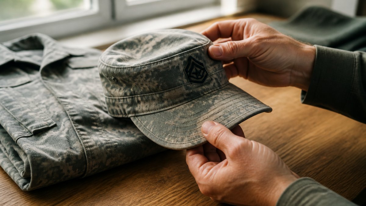 Close-up of hands carefully inspecting a military uniform cap for stains, damage, and embroidered insignia condition before cleaning, with natural daylight from a window