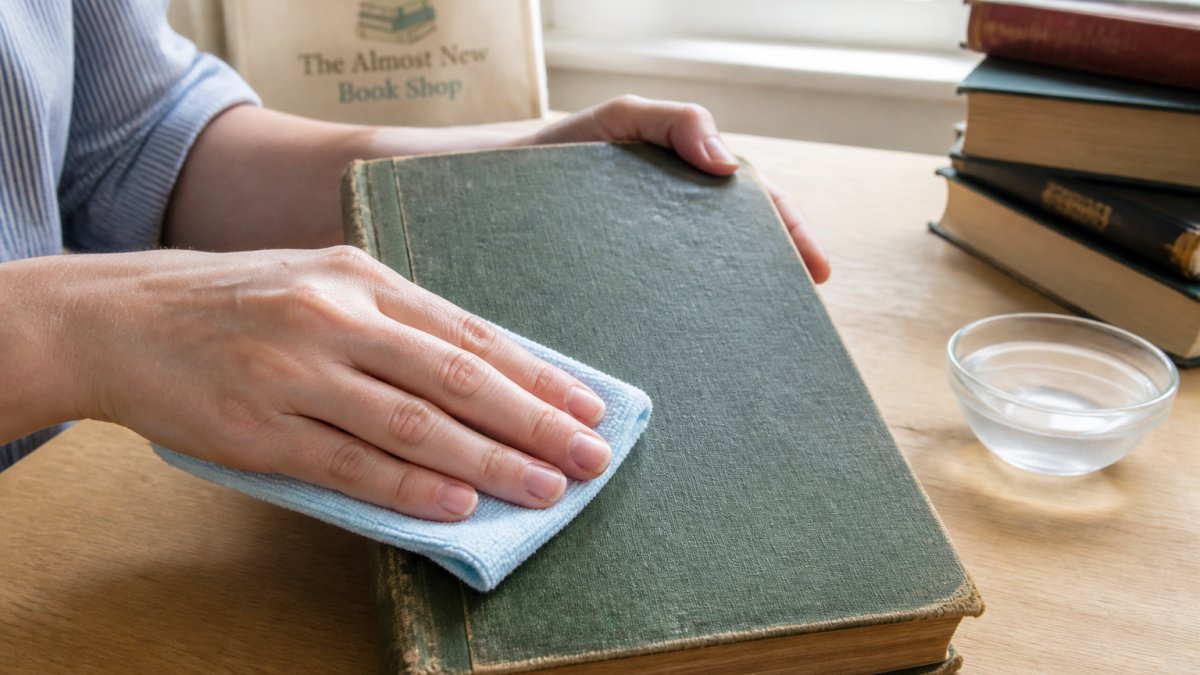 Diagram demonstrating how to wipe a cloth book cover using a soft damp cloth in an outward motion from the spine.