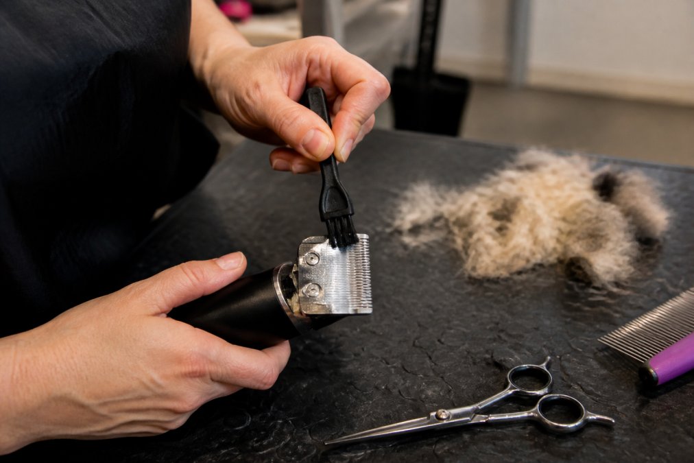 Close-up of a groomer's hands using a small stiff brush to sweep clipped dog hair from the teeth of a metal clipper blade on a grooming table, warm salon lighting
