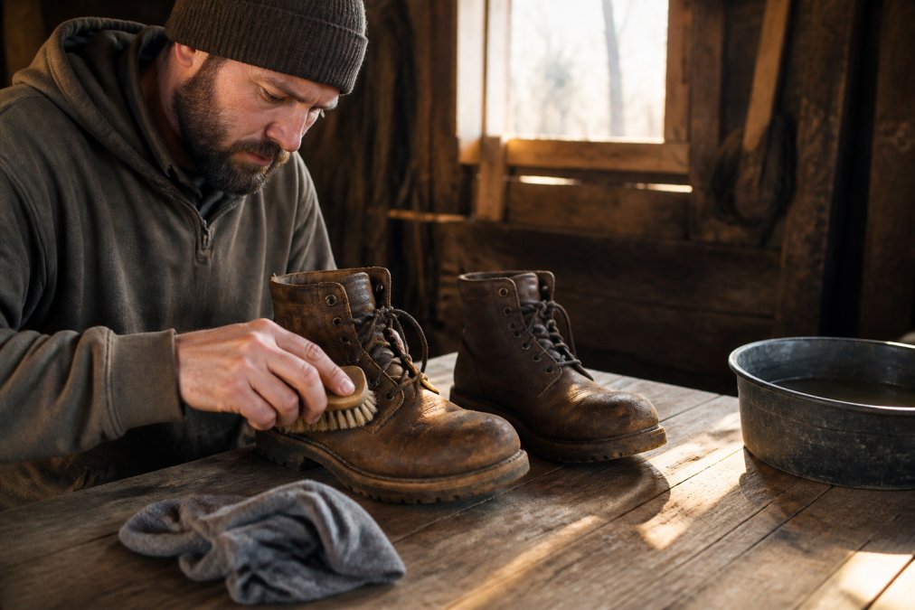 Worn brown leather work boots on a wooden bench with cleaning tools in natural morning sunlight
