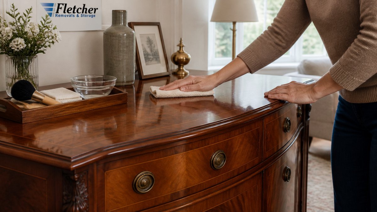 Hands gently using a soft cloth to clean antique furniture on a polished wooden sideboard in a bright room
