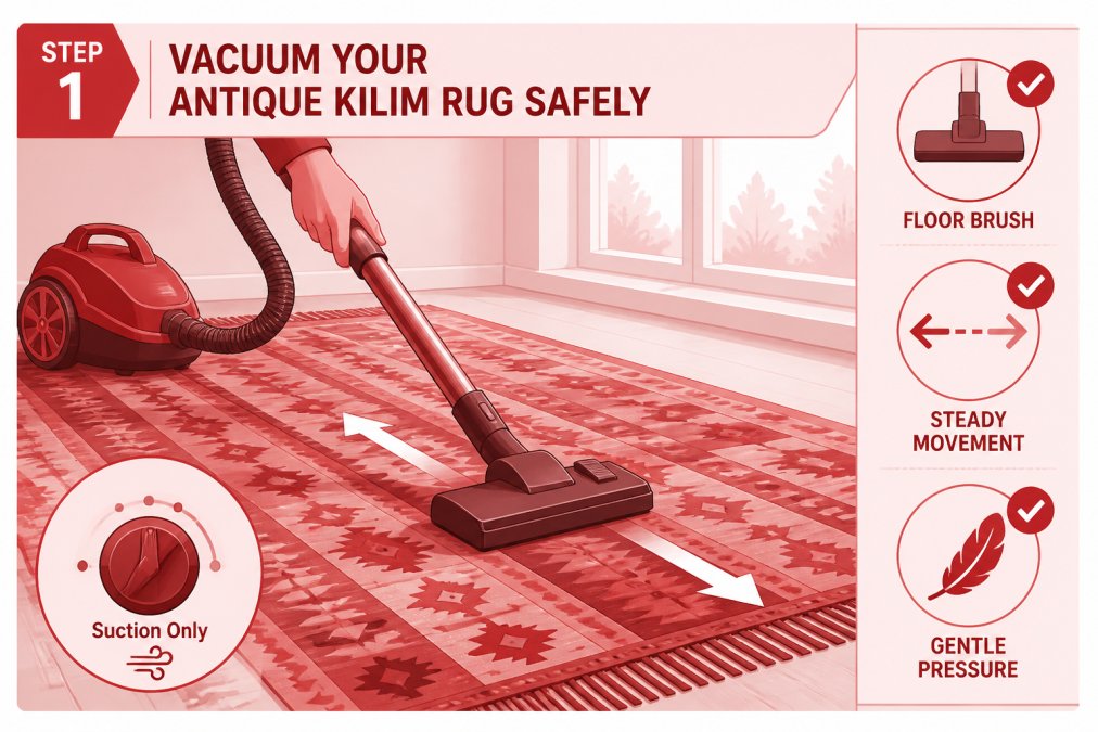 Close-up of a canister vacuum with suction-only floor brush being gently moved across a flatweave kilim rug, showing proper technique with steady hand movements and natural window lighting