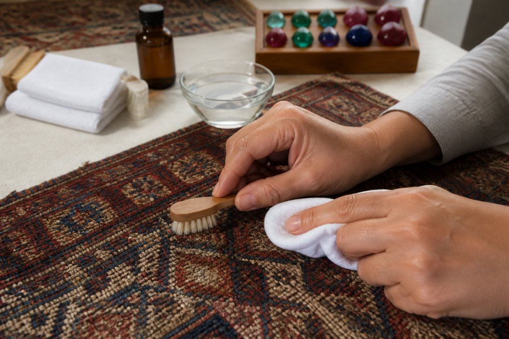 Hands applying diluted cleaning solution to a small stain on an antique kilim using a soft brush and white cloth, demonstrating careful spot-cleaning technique with natural daylight