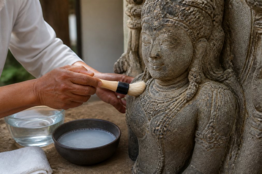 Close-up of hands using a soft-bristled brush on a stone sculpture surface, with a bowl of mild cleaning solution nearby and distilled water for rinsing visible in the frame