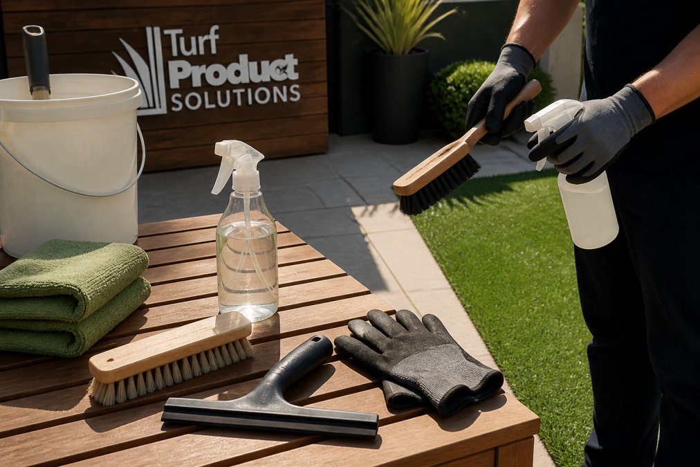 A person in work gloves holding a stiff bristle brush and a spray bottle of diluted vinegar next to a section of artificial grass, with cleaning tools laid out on a nearby patio table in bright afternoon sun