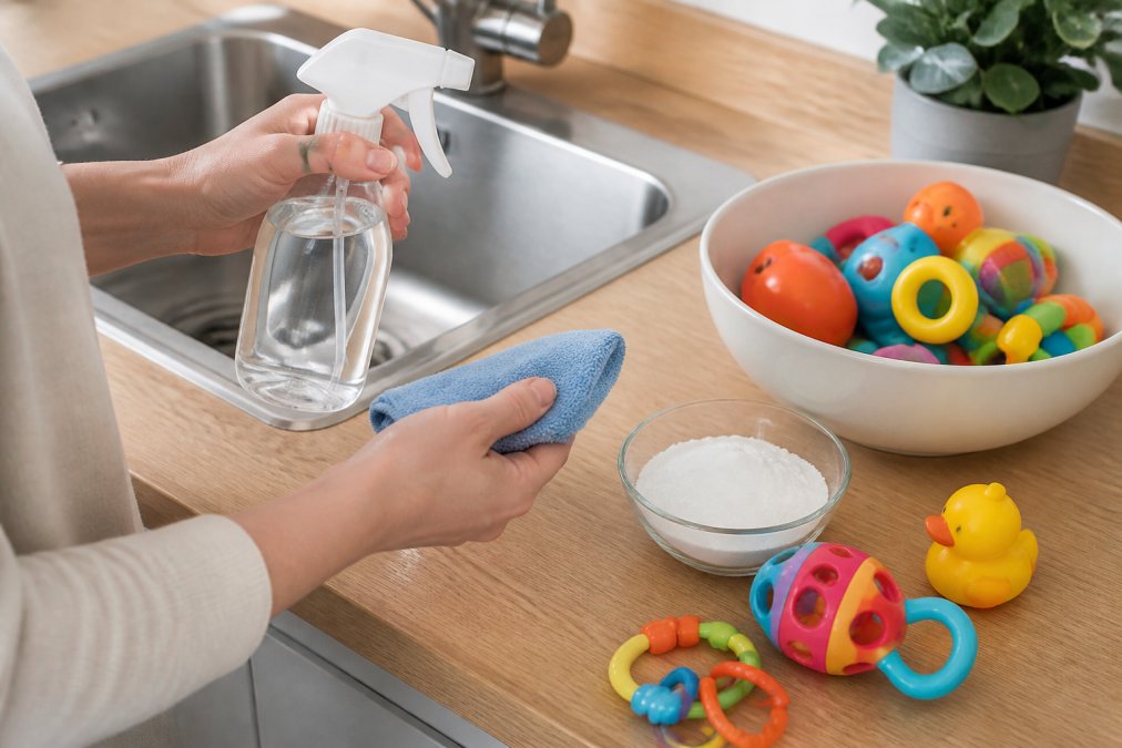 A parent's hands holding a spray bottle of white vinegar solution and a microfiber cloth over a kitchen sink, with colourful plastic baby toys and a bowl of baking soda nearby on a wooden countertop
