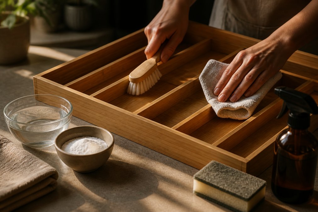 Close-up of hands using a soft-bristled brush and microfiber cloth to wipe down a bamboo drawer divider on a kitchen counter, with a small bowl of white vinegar and baking soda nearby, warm natural light