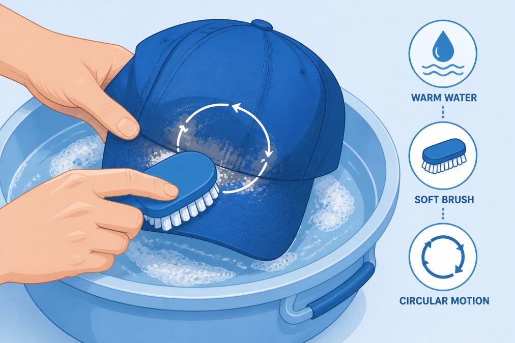 Close-up of hands gently scrubbing a baseball cap with a soft-bristled brush in a basin of warm water, showing proper technique with circular motions on the sweat stain area