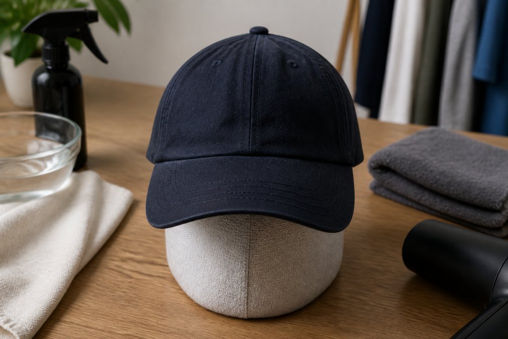 A damp baseball cap placed on a hat form or towel-wrapped object, showing proper shape retention setup with the brim curved naturally and crown supported
