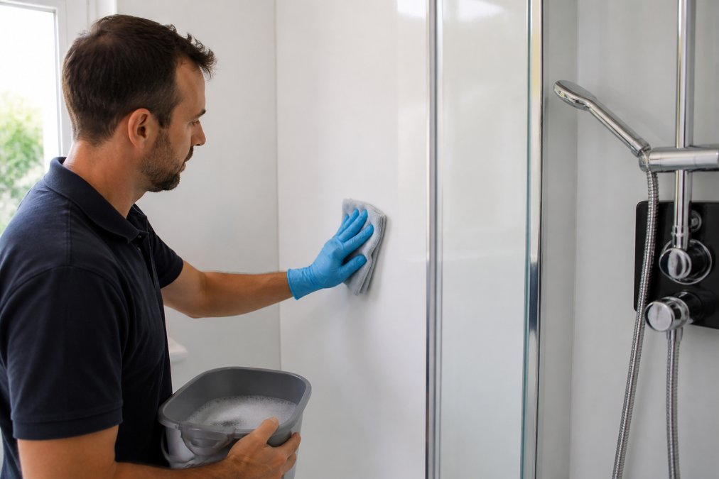 Professional demonstrating how to clean bathroom wall panels with microfibre cloth and soapy water, using circular motions on white PVC shower panels in bright bathroom with natural lighting