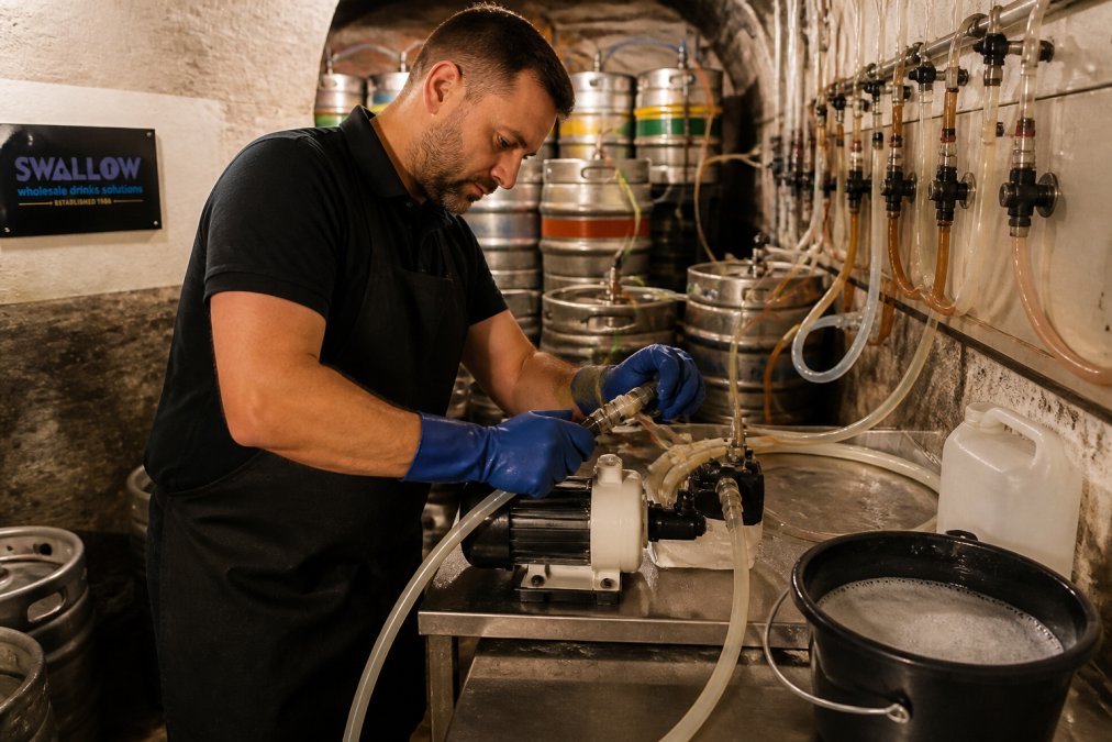 Bar manager in protective gear connecting a pump to beer lines in a pub cellar
