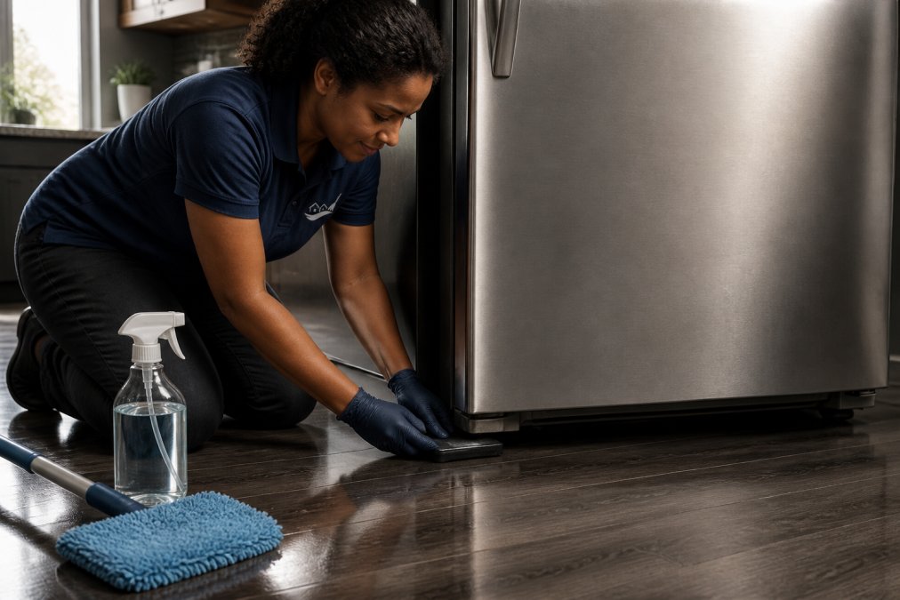 A person kneeling on a clean modern kitchen floor, sliding a refrigerator out from the wall using a furniture slider placed under one of its front feet, with a microfiber mop and spray bottle of cleaning solution nearby in bright natural light