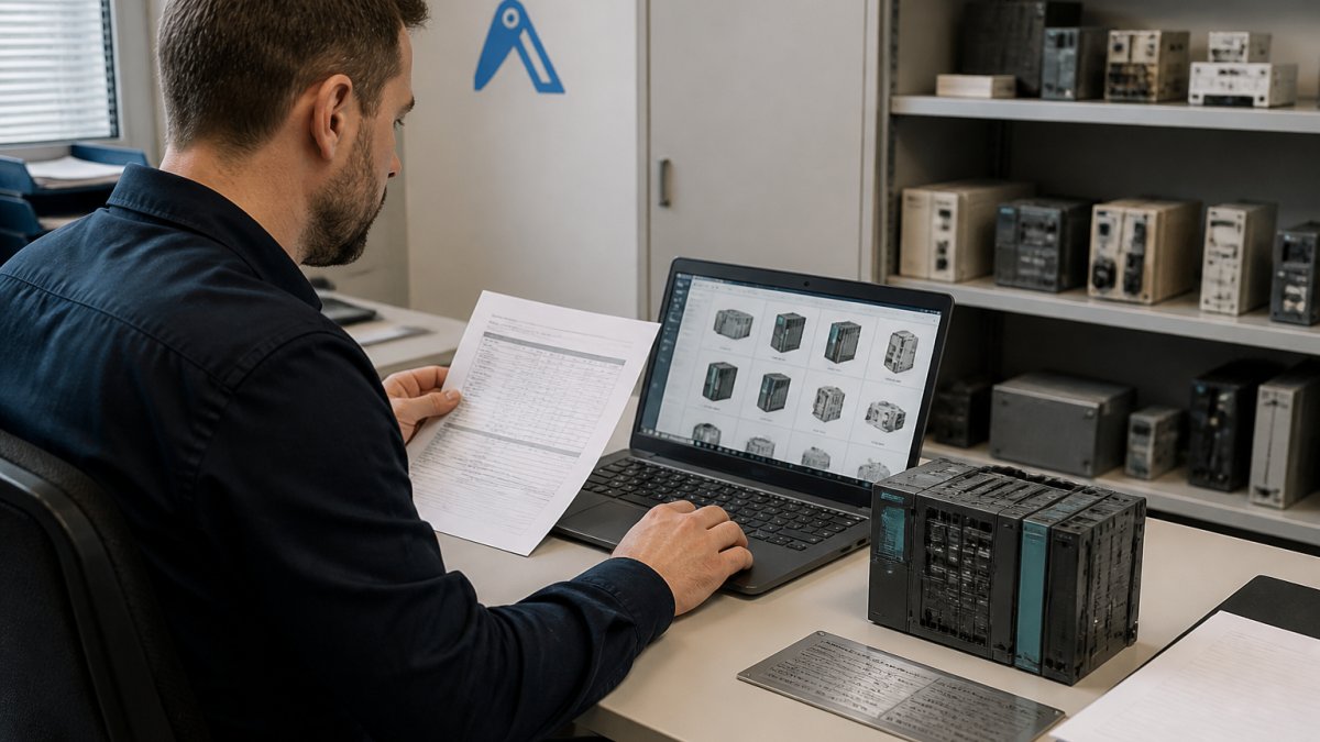 Procurement specialist validating data for clean bills of materials by comparing a printed list to a laptop catalog