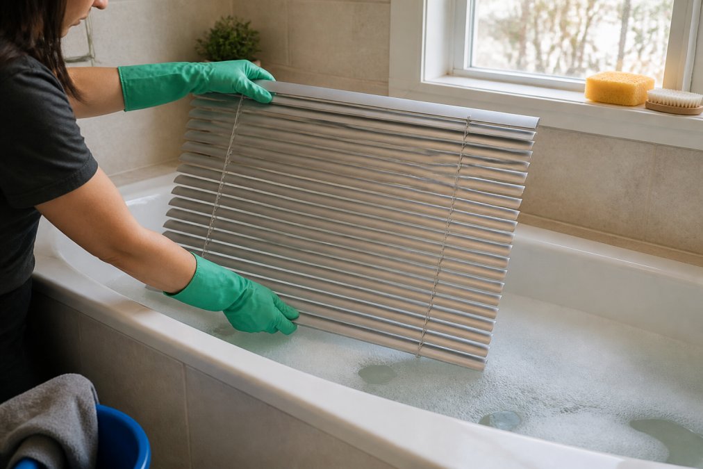 A person in rubber gloves lowering a set of aluminum venetian blinds into a bathtub filled with soapy water, warm natural light from a bathroom window