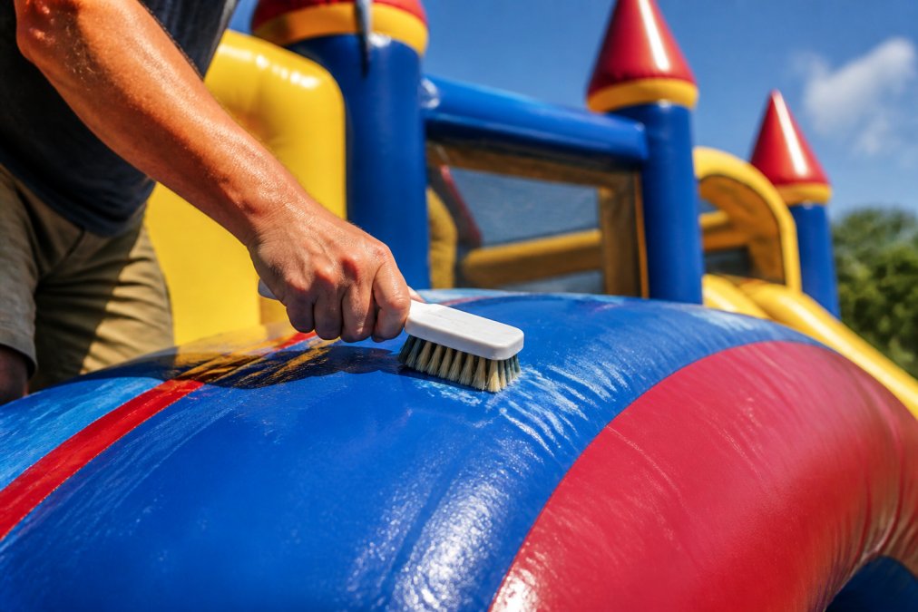 Close-up of hands using a soft bristle brush to scrub the vinyl surface of an inflatable bounce house outdoors on a sunny day, with clear blue sky visible in the background